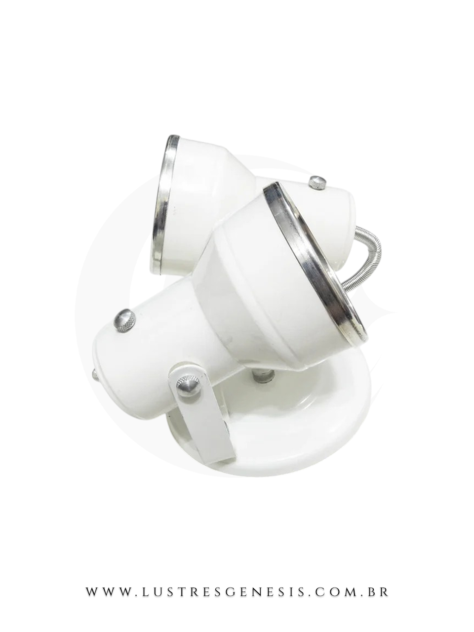 Luminária de teto spot sobrepor com caneco duplo, acabamento branco e detalhes metálicos, ideal para iluminação decorativa.